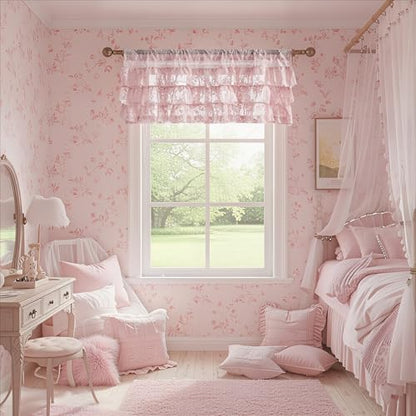 Kotile Pink Ruffle Lace Valance for Windows W52 x L18 Inch, 1 Panel - color: Pink - Ruffle Lace