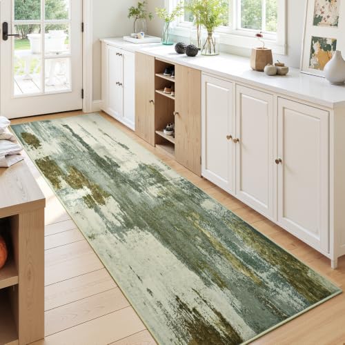 Kelarea Washable Runner Rug 2x6, Non-Slip Low Pile Abstract Green - color: Green, size: 2' x 6' (Rectangular)