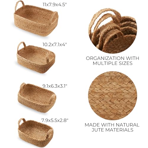 Beautiful Storage Basket Set of 4 - Natural Jute Rope Bins for Shelves