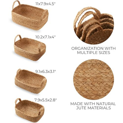 Beautiful Storage Basket Set of 4 - Natural Jute Rope Bins for Shelves