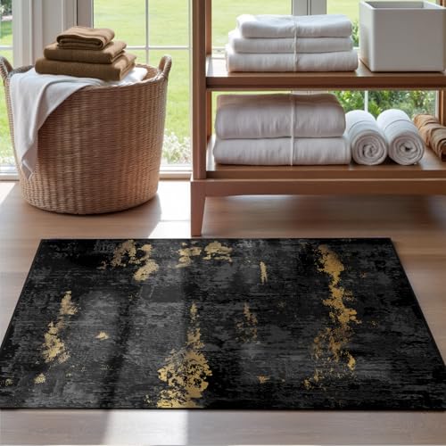 RELEANY Washable 2'x3' Abstract Area Rug for Living Room Black Gold - color: Black/Gold, size: 2' x 3' (Rectangular)