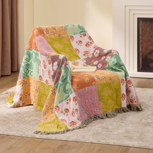 RILIHO 100% Cotton Boho Throw Blanket for Home Decor – Classic Farmhouse Quilt Bedding, Muslin Blankets for Adults, Vintage Woven Decorative Blanket for Couch, Bed Layering Use, Patchwork, 50"x60" - color: 3 - Patchwork, size: Throw (50 x 60 Inch)