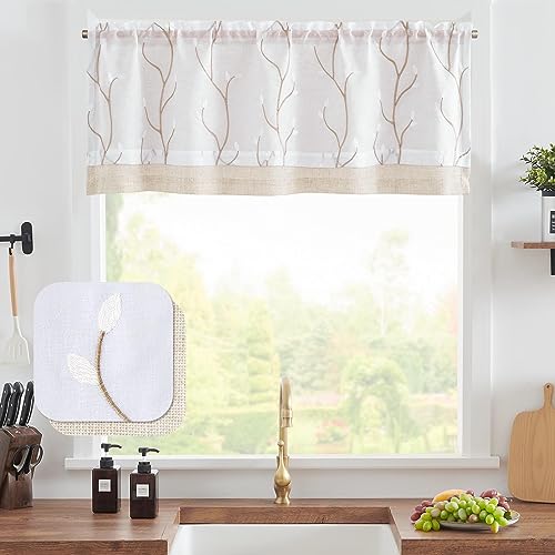 jinchan Linen Kitchen Valance Sheer Leaf Embroidered 18 Inch 1 Panel White - color: Leaf | White
