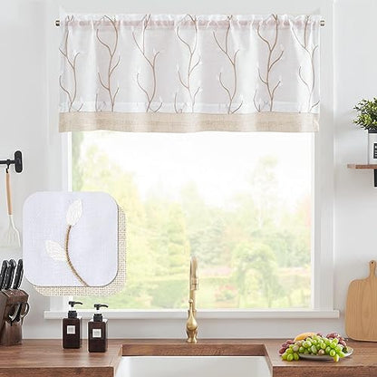 jinchan Linen Kitchen Valance Sheer Leaf Embroidered 18 Inch 1 Panel White - color: Leaf | White