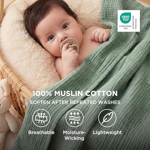 Bedsure 100% Cotton Muslin Blanket Queen Size for Bed, 4-Layer, Sage Green - color: 02 - Sage Green, size: Queen (90" X 90")
