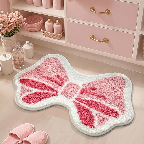 Absorbent Pink Bow Bath Rug, Extra Thick Bathroom Mat, Non-Slip Mat for Girls Bedroom, Machine Washable, Pink Butterfly, 20" X 31" - color: Pink Butterfly, size: 1'8" x 2'7" (Rectangular)
