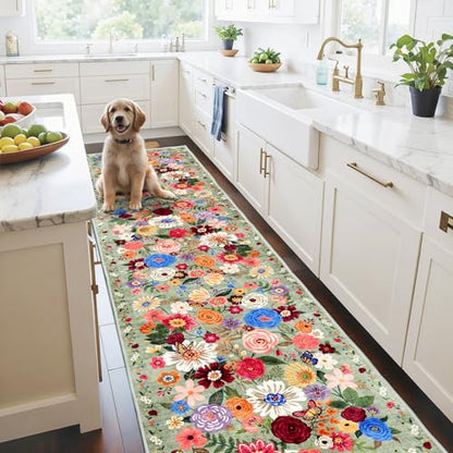 Floral Hallway Runner 2x10 Green Carpet Kitchen Rug - color: Green, size: 2' x 10' (Rectangular)