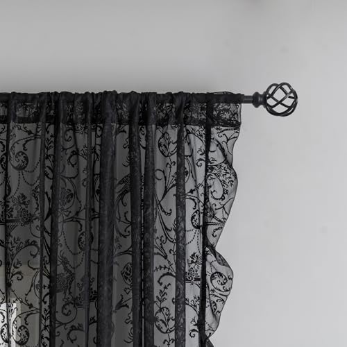 TUDECO Black Gothic Curtains for Bedroom -Whimsy Sheer Lace Curtains 72 Inch Length, Vintage Floral Moody Privacy Rod Pocket Light Flitering Lace Drapes 2 Panels, 59W x 72L Inch - color: Black, size: 59"W x 72"L (Pack of 2)