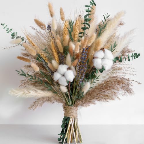 Green Dried Flower Bouquet, 10 Varieties Pampas Grass with Eucalyptus, Lavender, Cotton, Wheat & Bunny Tails, Natural Dried Flowers for Vase, Boho Farmhouse Wedding Home Decor - size: Green