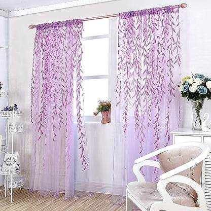Ufurty 2pcs Willow Leaf Window Curtain Voile Tulle Sheer Vine Curtains - color: Purple Leaf, size: 39.4"W x 78.7"L (Pack of 2)