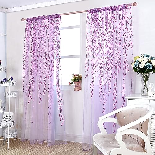 Ufurty 2pcs Willow Leaf Window Curtain Voile Tulle Sheer Vine Curtains - color: Purple Leaf, size: 39.4"W x 78.7"L (Pack of 2)