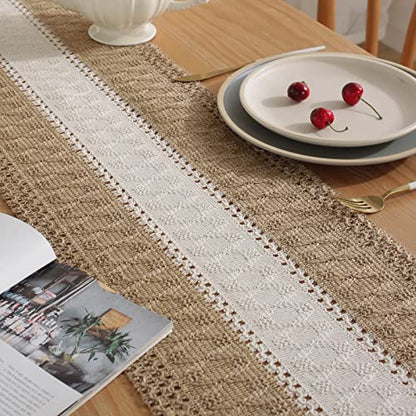 Boho Burlap Macrame Table Runner, Farmhouse Style Cotton Linen Rustic Woven Table Runner with Tassels for Dining, Wedding, Bridal Shower, Bohemian (12x72 inch, Off-White Stripe) - color: Off-white Stripe, size: 12x72 inch