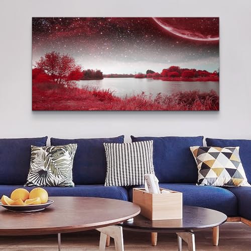 MHARTK66 Large Red Landscape Canvas Wall Art for Living Room,Meadow 60x30 - color: View Of Red Starry Sky Lake (Wrapped Canvas), size: 60"L x 30"W