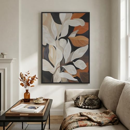 Framed Vertical Boho Abstract Botanical Wall Art for Living Room, 24x36 In - color: Neutral Brown Beige, size: 36"L x 24"W