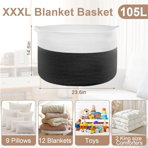 105L Large Blanket Basket Storage with Handles - White & Black - color: Black & White, size: 105L
