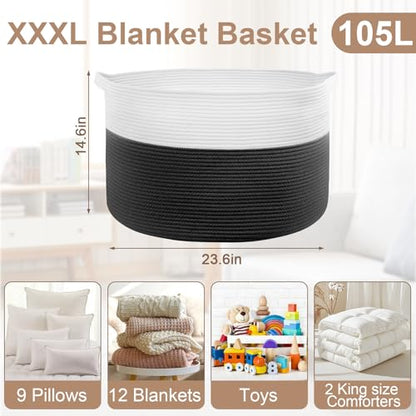 105L Large Blanket Basket Storage with Handles - White & Black - color: Black & White, size: 105L