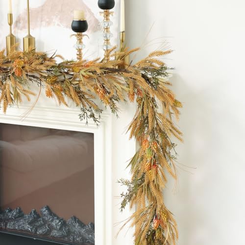 MIZII Fall Decor Beige 6 Feet Artificial Wheat Stalks Garland with Leaves Flowers Hops Hanging Vines Garlands Autumn Thanksgiving Harvest Decorations for Porch Mantle Fireplace Farmhouse (6ft,Beige) - color: 6ft,beige