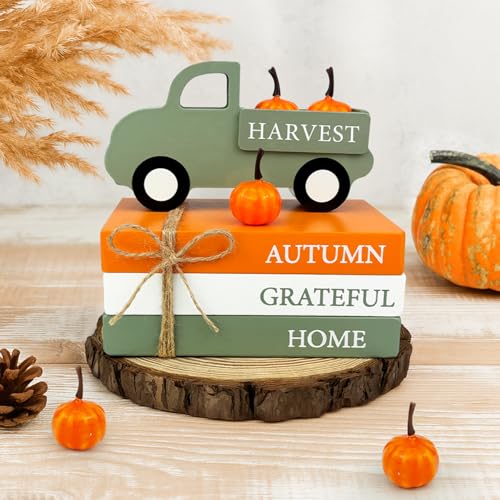 Fall Decorations for Home Indoor, Thanksgiving Wooden Farmhouse Harvest Decor Signs with Book Stack, 3D Truck, 5 Pumpkins for Office Table Tiered Tray, Autumn Centerpiece Gifts for Bedroom Desk - style: Wooden Truck