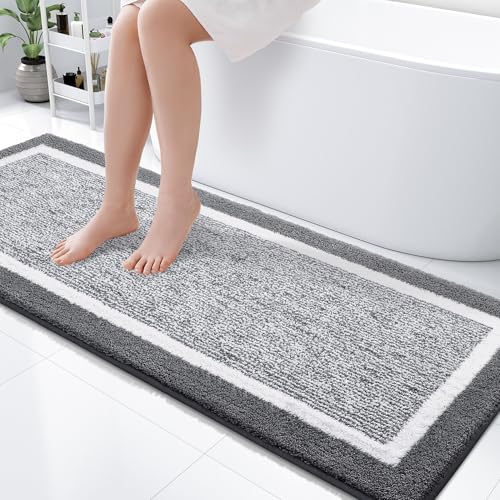 OLANLY Bathroom Runner Rugs 59x24, Long Bath Mats for Bathroom, Dark Grey | Extra Soft and Absorbent Microfiber Bath Rugs, Non-Slip, Machine Washable, Quick Dry Shaggy Bath Carpet, Tub and Shower - color: Dark Grey and White, size: 59" X 24"