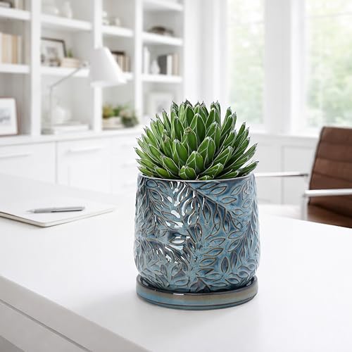 D'vine Dev Embossed Leaves Ceramic Planter, 5 in, Ocean Teal, 27-A-V-8 - color: Ocean Teal, size: 5 Inch