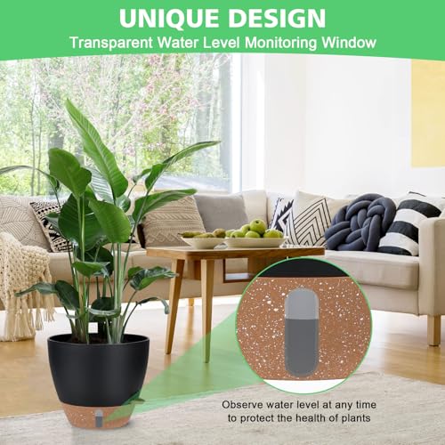 Self Watering Planter Set with Visual Water Level, 6Pack Small Plastic Pot with Drainage Holes and Reservoir Saucers, Modern 8+7+6.5+6+5.5+5 Inch Bottom Watering Flower Pots for Indoor Plant - Black - color: Black-small