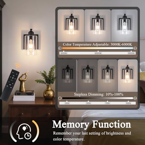 BELS 8 Inch Battery Operated Wall Sconces Set of 2, Farmhouse Wall Lights Fixture with Clear Glass, 4000K, Remote Control, Dimmable, Black Wall Sconces for Mirror, Bathroom, Bedroom - color: Black