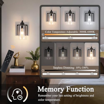 BELS 8 Inch Battery Operated Wall Sconces Set of 2, Farmhouse Wall Lights Fixture with Clear Glass, 4000K, Remote Control, Dimmable, Black Wall Sconces for Mirror, Bathroom, Bedroom - color: Black