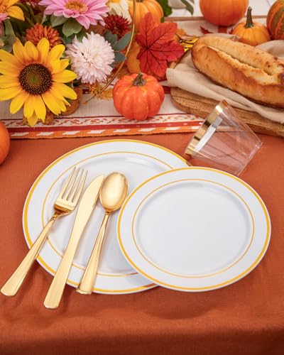 bUCLA 150PCS Gold Plastic Plates Disposable - Heavy Duty Gold Plates Include 25 Dinner & 25 Dessert Plates,25 Forks,25 Knives,25 Spoons&25 Cups for Party, Thanksgiving, Fall Harvest & Autumn - color: Gold
