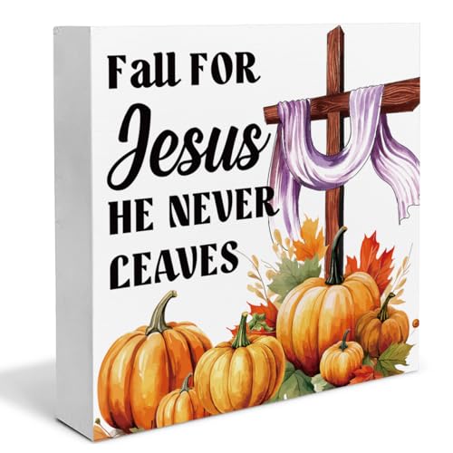 Fall Decor Fall for Jesus He Never Leaves Wooden Box Sign Cross Pumpkins Maple Leaf Decorations Rustic Home Desk Shelf Tabletop Decor 5 x 5 Inches - color: Multicolor Jesus