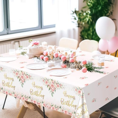 Avezano 3 Pcs Rose Gold Party Decorations Pink Floral Happy Birthday Tablecloths for Girls Women Birthday Party Supplies 108 x 54 Inch