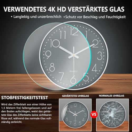 Silent Wall Clocks Battery Operated 8 Inch, Analog Wall Clock with Oversized Number Tempered Glass Clock Face, Quartz Non Ticking Wall Clocks for Living Room Bedroom Kitchen Office, Grey - color: Gray, size: 8 Inch