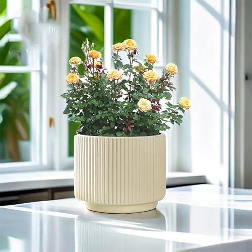 Ceramic 4.9+6.3 inch Planters, Modern Home and Office Flowerpot, Indoor and Outdoor Flowerpot with Drainage Hole (Light Yellow) - color: Light Yellow