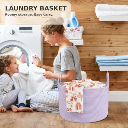 XUANGUO 66L Large Blanket Basket, Round Cotton Rope Basket, Purple - color: purple or lavendor