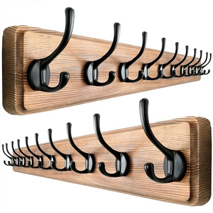 Dseap Wall Mounted Coat Rack: 38-1/4" Long, Patented, Heavy-Duty, 10-Double-Hooks Wooden Hanger Rail for Winter Coats, Hats, Jackets, Clothing - Natural & Black, Pack of 2 - color: Natural & Black, size: L=38.3"(2pcs)
