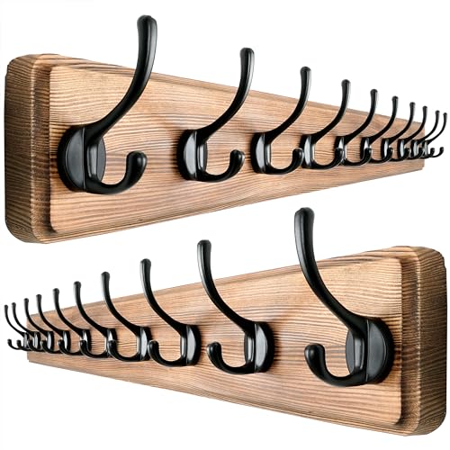 Dseap Wall Mounted Coat Rack: 38-1/4" Long, Patented, Heavy-Duty, 10-Double-Hooks Wooden Hanger Rail for Winter Coats, Hats, Jackets, Clothing - Natural & Black, Pack of 2 - color: Natural & Black, size: L=38.3"(2pcs)