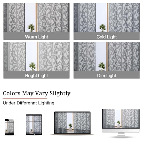 OWENIE Leyna 2 Panels Charcoal Gray Sheer Curtains 45 Inch Length, Jacquard Clip Textured Semi Small Window Curtain for Bedroom Living Room, Farmhouse Rod Pocket Leaves Drapes, 40Wx45L Inches - color: Charcoal Gray, size: 40"W x 45"L (Pack of 2)