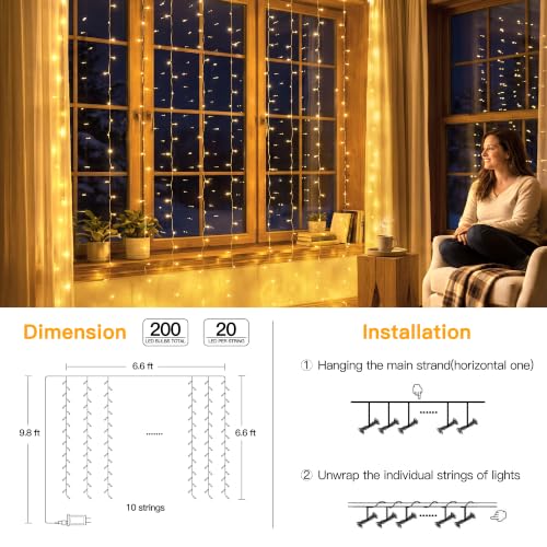 Ollny 200LED Curtain Lights 6.6ftx6.6ft, Warm White String Lights Plug in - color: Warm White, size: 200 LED