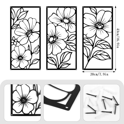 YIYA 3 Pcs Black Metal Flower Wall Art Minimalist Floral Line Art Sculpture 16.9" x 7.9" Rustic Iron Hanging Decor for Living Room Bedroom Bathroom - style: peony