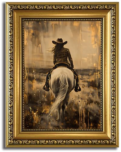 HNNXAR Gold Framed Wall Art Western Cowgirl Wall Canvas Art Decor Equestrian Rider Paintings Cowboy Pictures Horse Prints Vintage Artwork for Bedroom Living Room - color: Cowgirl, size: 10"L x 8"W
