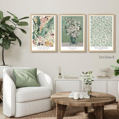 LLEEMPI Van Gogh Canvas Wall Art Set of 3, Sage Green 16x24 Framed Prints - color: VanGoghMatisse(Wood), size: 24"L x 16"W