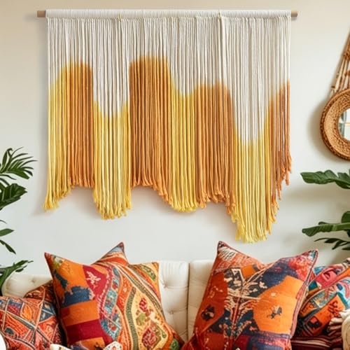 IOWER Macrame Wall Hanging Yellow Dip Dye Boho Fiber Wall Decor 27" x 26.8" - color: yellow