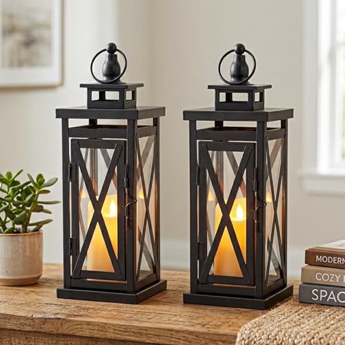 TRIROCKS Set of 2 Deacorative Candle Lantern 11'' High Metal Candle Holder Hanging Lanterns with Tempered Glass Perfect for Indoor Outdoor Home Decor Parties Garden Events Wedding (Black) - size: Medium & Medium