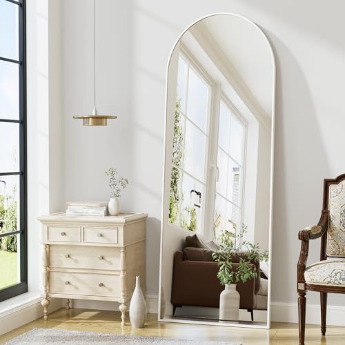 Arched Floor Mirror, 56"x20" Full Length Mirror, Standing Mirror Hanging or Leaning, Body Mirrors with Stand, Wall Mounted Mirror, Arched-Top Mirrors with Aluminum Frame for Bedroom (White) - color: White, size: 56"L x 20"W