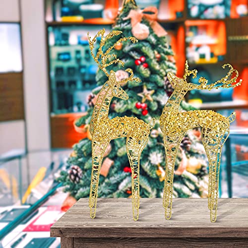 2pc Set White Bead Gold Winding Thread String Christmas Reindeer Figurine Table Desk Decorations Glittering Xmas Holiday Party Supply - color: Gold