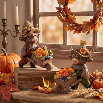Karenhi 2 Pcs Fall Highland Cow Figurines, Harvest Wheelbarrow Decor - style: Harvest