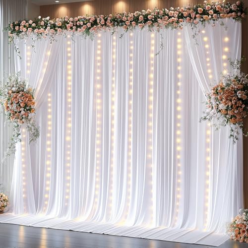 20 x 10ft White Backdrop Curtains with Lights String for Party - color: White, size: W5' x H10'(4 panels)