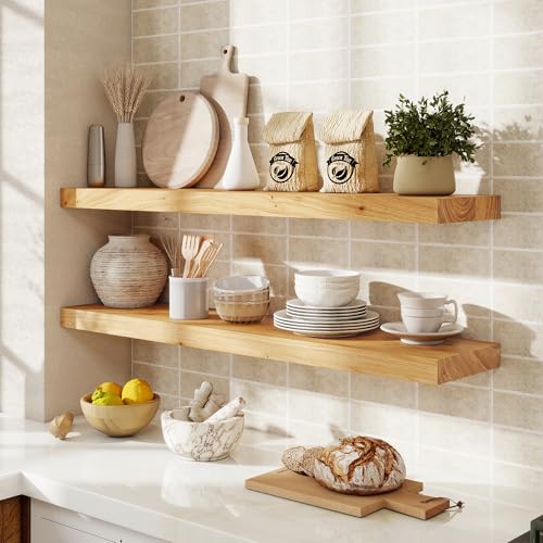fuqing Floating Shelves for Wall, 36 Inch Rustic Solid Elm Wood Shelves - color: Natural Elm Flat Edge - 6.7"d, size: 36"L - 2Packs