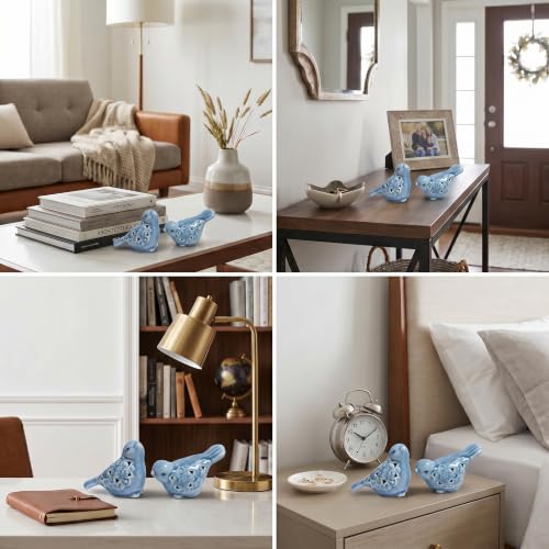 Blue Bird Figurines for Home Decor, 2 Piece Farmhouse Ceramic Bird Statue Sculpture Birds Ornaments for Entryway TV Stand Bookcase, Cute Birds Small Shelf Desk Decor (Blue)