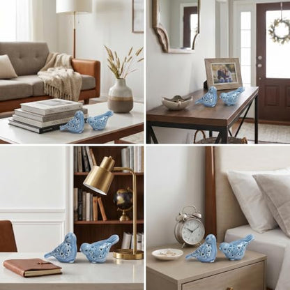 Blue Bird Figurines for Home Decor, 2 Piece Farmhouse Ceramic Bird Statue Sculpture Birds Ornaments for Entryway TV Stand Bookcase, Cute Birds Small Shelf Desk Decor (Blue)