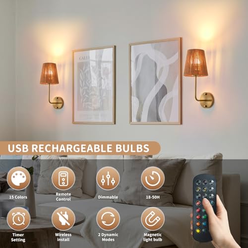 Boho Battery Operated Wall Sconces Set of 2, Gold Rattan Shade Wireless Wall Lights with Remote Rechargeable Bulbs, Dimmable RGB, Cordless Battery Powered Wall Lamp for Living Room Bedroom - color: Gold 14.9 Inch